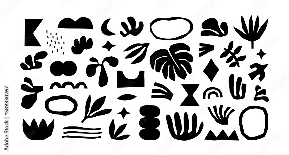 Fototapeta premium Black and white organic shape doodle collection. Funny basic shapes, random childish doodle cutouts of tropical leaf, hand and decorative abstract art on isolated background.