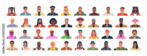 Diverse people portrait set. Flat cartoon character avatar illustration collection. Big men and women group bundle for modern business team presentation or young person concept.