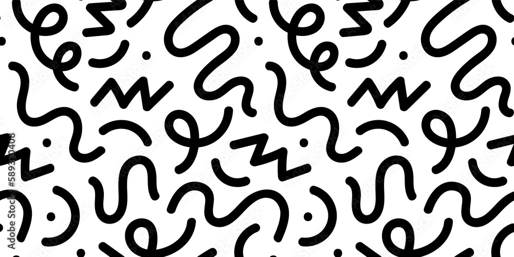 Fun black and white abstract line doodle seamless pattern. Creative minimalist style art background for children or trendy design with basic shapes. Simple childish scribble backdrop. - obrazy, fototapety, plakaty 