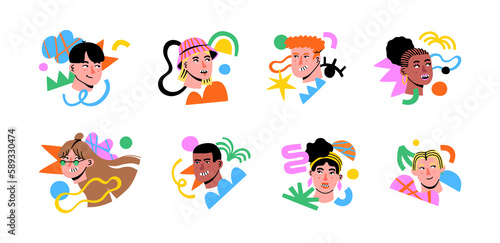 Set of diverse happy young people with colorful abstract shapes on isolated background. Modern illustration of trendy women and men group for teamwork, art community or business creativity concept. 