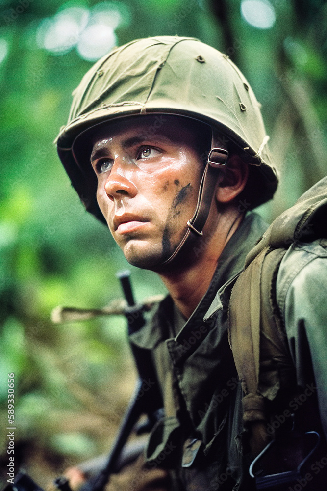 Fearful American Soldier During Vietnam War - generative ai