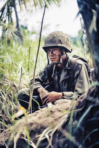 Fearful American Soldier During Vietnam War - generative ai