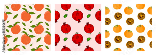 Set of seamless patterns. Flat illustration of fresh fruits Peach or Abricot, Pomegranate, Persimmon or Kaki. Design for fabric, textile, wrapping paper. Set of tre Colorful Seamless Patterns. Vector