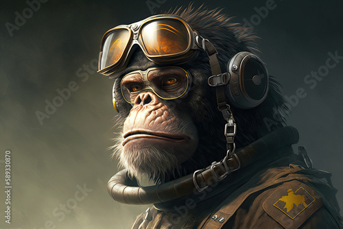 Fototapeta A monkey pilot portrait. Generative AI.