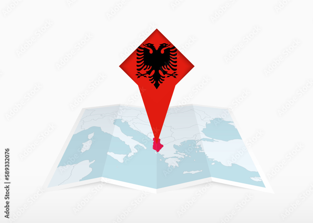 Albania is depicted on a folded paper map and pinned location marker