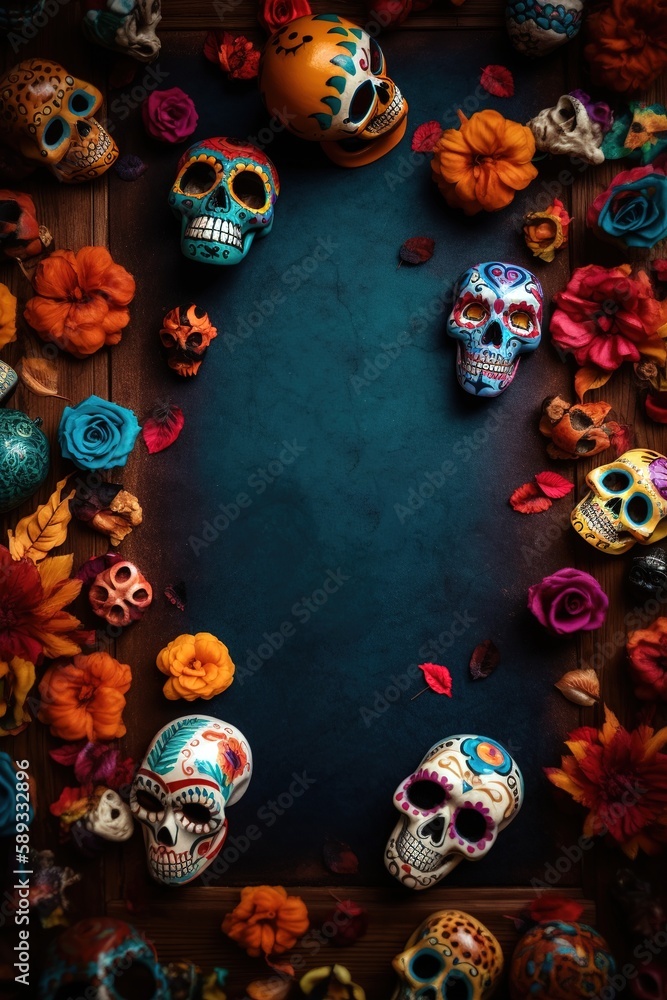 Day of the dead color skulls banner background with copy scape. Generative AI Vertical shot Day of the dead color skulls banner background with copy scape. Generative AI Vertical shot
