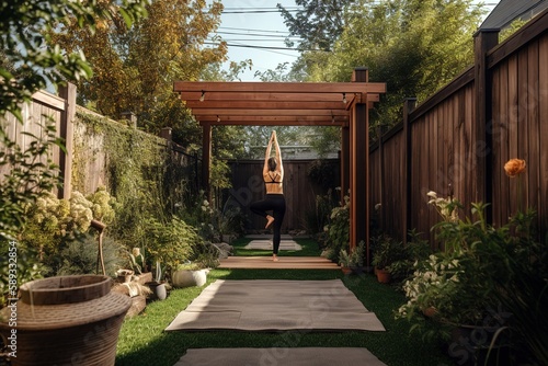 Back view of woman doing yoga in the backyard of her home. Generative AI © Pajaros Volando