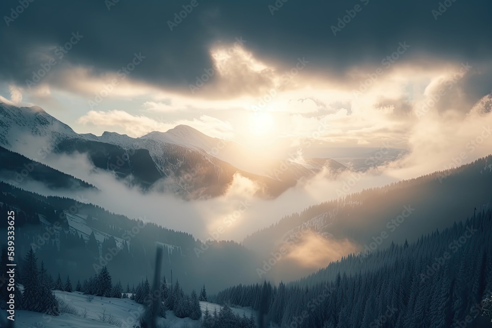 Heavenly Beauty of Winter Sunlight in the Mountains: Soft Bokeh of Cloudscape and Blurred Lights: Generative AI