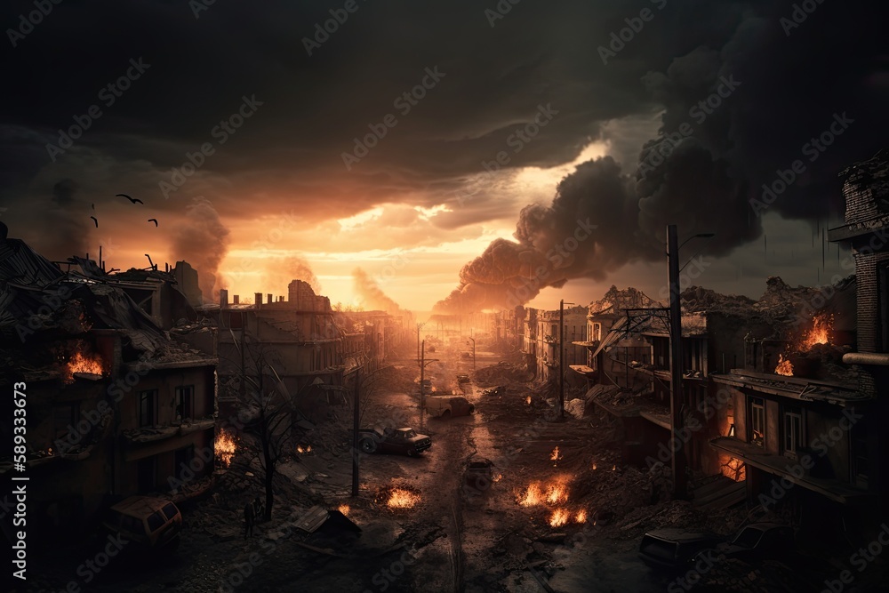 The End of Civilisation: A City in Ruins After the War - a Dark Horror Landscape with Bombs Exploding in the Background: Generative AI