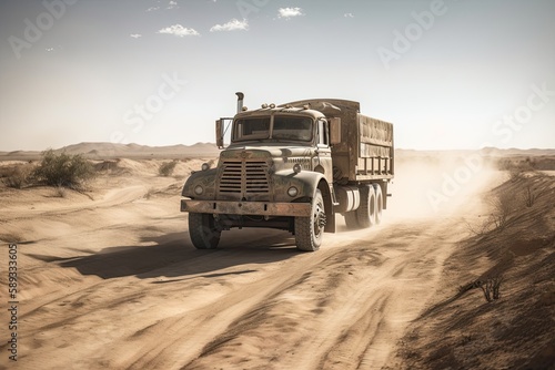 Dirty, Metallic Truck from Older Times Cruising through Desert Landscape on Dusty Road: Generative AI © AIGen