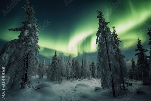 Fantastic Winter Landscape Under the Northern Lights: Epic Views of Snowy Mountains, Forests, and Aurora Borealis in Norge. Generative AI