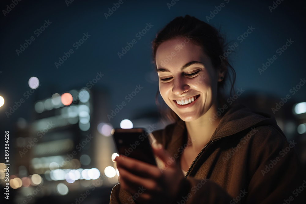 A portrait of smiling woman surfing browser in a smartphone. Generative ai A portrait of smiling woman surfing browser in a smartphone. Generative ai