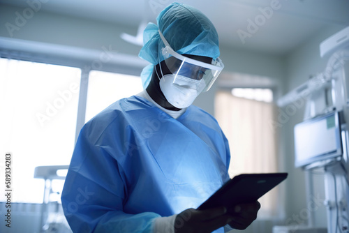 A doctor in a surgical mask using a tablet to view a patient's medical records. Generative ai
