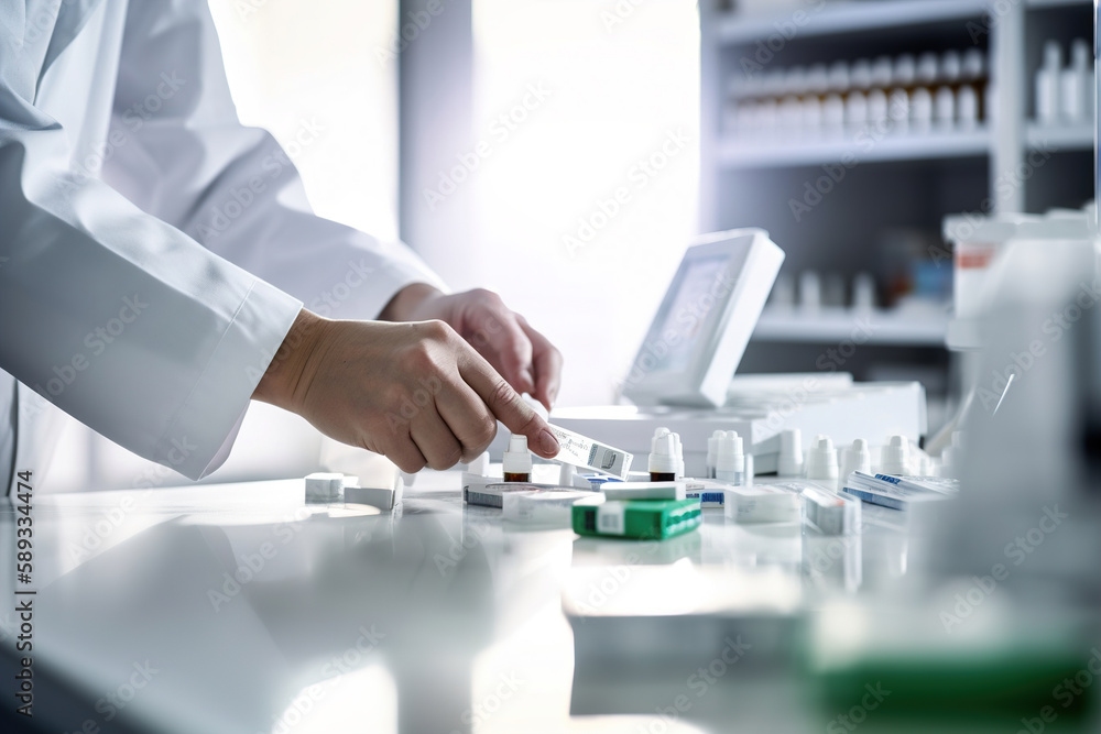 A pharmacist preparing medication in a laboratory, with medical equipment. Generative ai A pharmacist preparing medication in a laboratory, with medical equipment. Generative ai