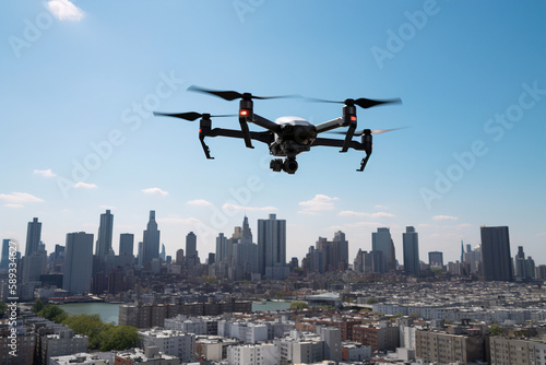 A drone flying in the sky with a cityscape in the background. Generative ai