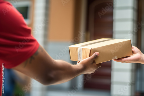 close-up view on Delivery man's hand giving parcel to another human. Generative ai