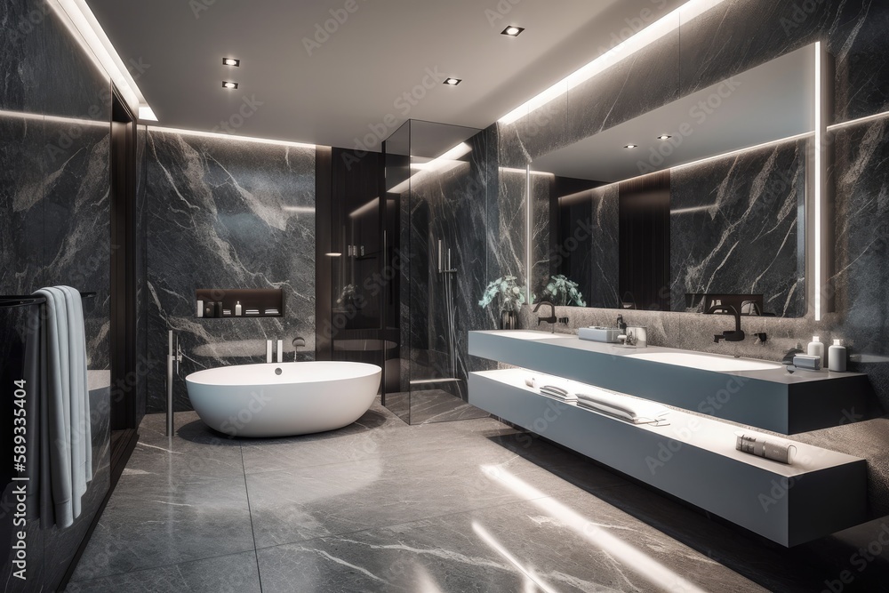Sleek and elegant marble bathroom with LED lighting and