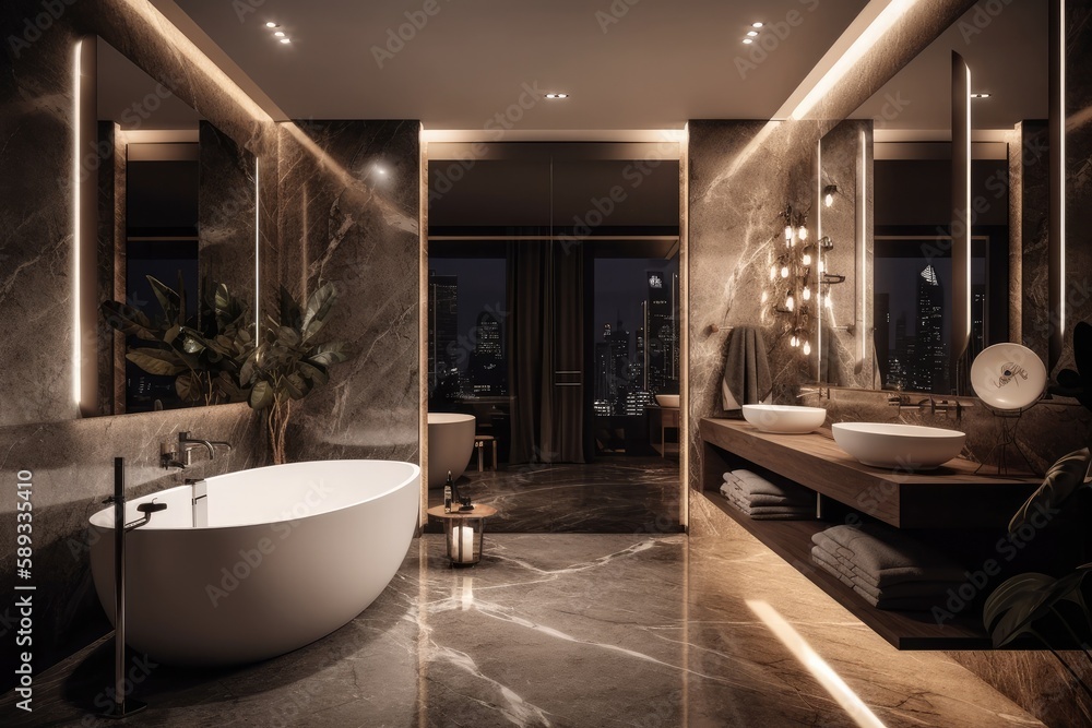 Sleek and elegant marble bathroom with LED lighting and freestanding