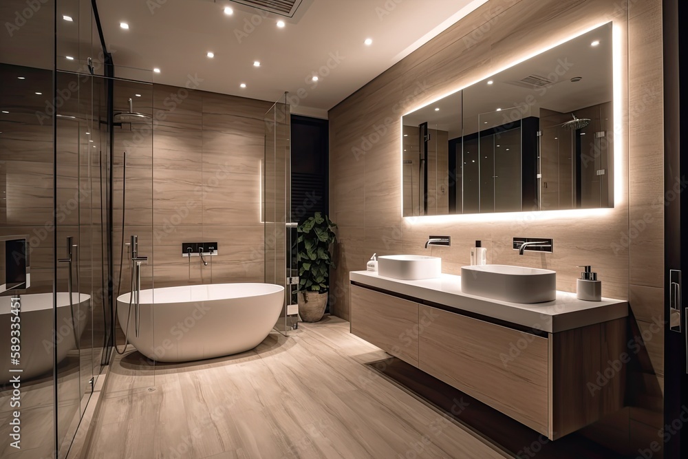 sleek grey marble bathroom with LED lighting, double vanity, and