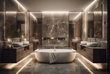 Symmetrical modern bathroom with LED lighting and natural marble accents, showcasing a freestanding bathtub and double vanity. 3d render