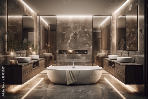 Symmetrical modern bathroom with LED lighting and natural marble accents, showcasing a freestanding bathtub and double vanity.  3d render
