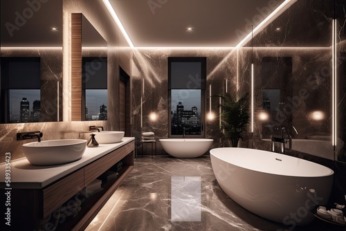 Symmetrical modern bathroom with LED lighting and natural marble accents  showcasing a freestanding bathtub and double vanity.  3d render