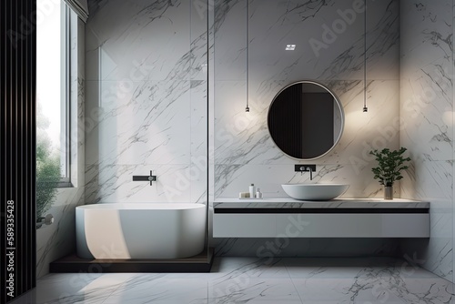 Details of modern bathroom with LED lighting and natural marble accents, showcasing a freestanding bathtub and double vanity.  3d render