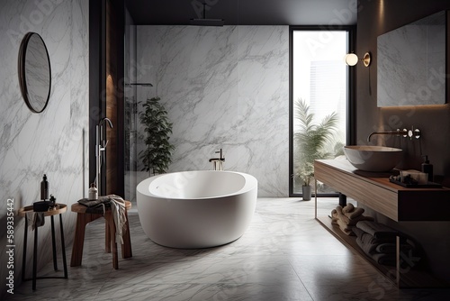 A beautiful luxury, modern bathroom with a light wood cabinet, walk-in shower with marble tiled walls, and black faucets and hardware