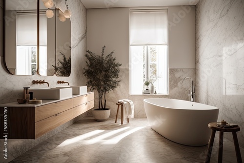 Sleek and Stylish Marble Bathroom with LED Fixtures and Luxury Elements. Modern bathtube in the center of the bath