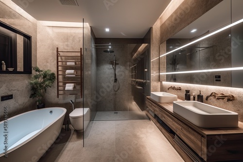 sleek grey marble bathroom with LED lighting  double vanity  and freestanding tub