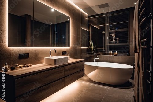 sleek marble bathroom with LED lighting  double vanity  and freestanding tub