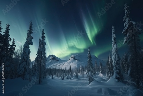 Fantastic Winter Mountain Landscape under the Northern Lights (Aurora Borealis) - Snow, Ice, Forest and Sky Create an Epic View in Norge, Generative AI