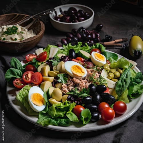 Healthy Vegetarian Delight: Delicious Nicoise Salad with Lettuce, Tomatoes, Olives, Egg, and Cheese on a Plate, Generative AI
