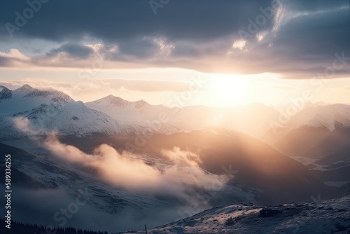 Mystical Heaven in the Clouds: A Winter Mountain Landscape of Soft Bokeh and Blurred Lights, Generative AI