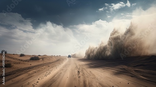 Out of the Dust: Motocross Trails Trail the Desert Wind on a Dirt Road: Generative AI