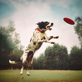 Photo of jumping dog catching frisbee - generative ai