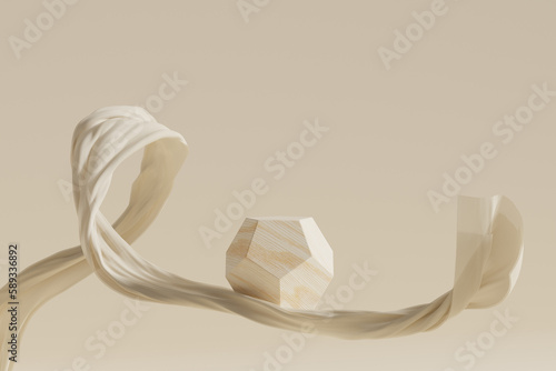 Fototapeta Naklejka Na Ścianę i Meble -  3D display podium  beige background.  Glamour minimal wood pedestal. Luxury flying silk cloth in motion. Beauty cosmetic product presentation. Feminine copy space template. Studio 3d render