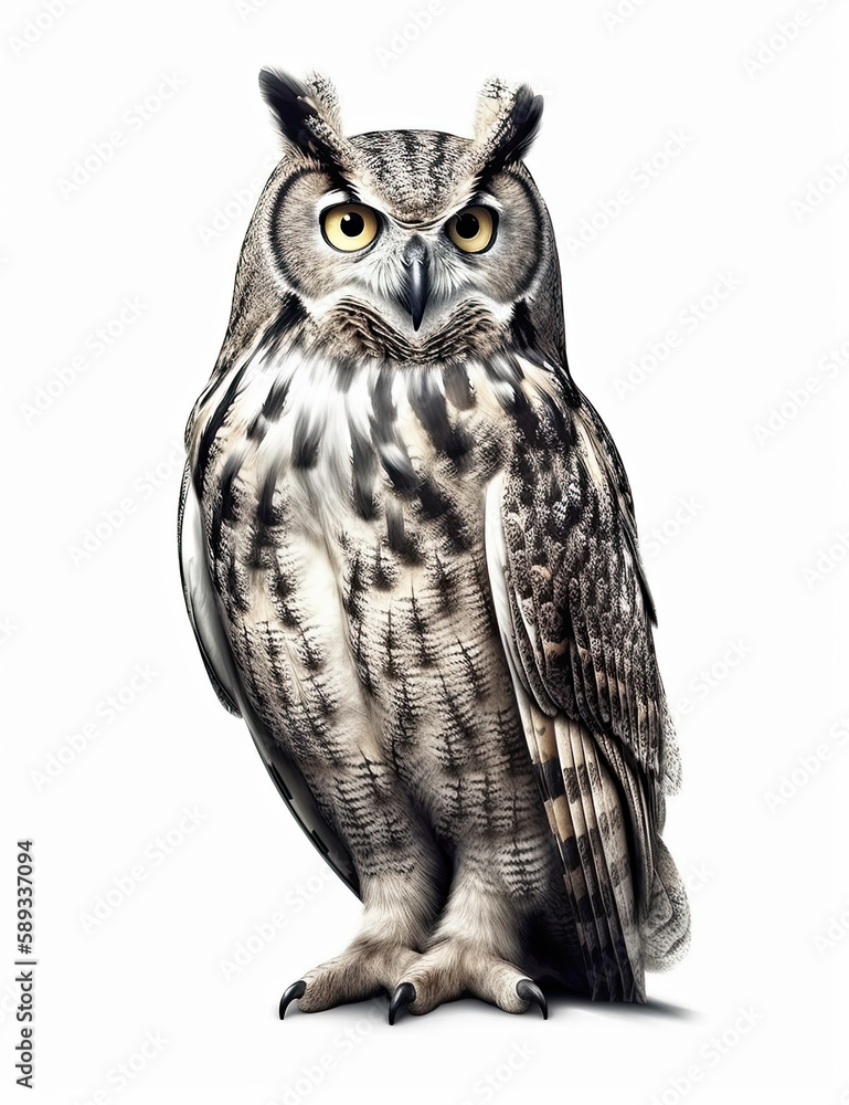 Fototapeta premium Realistic owl illustration, graphical resource for logo design, graphic design, t shirt design and more. Generative AI