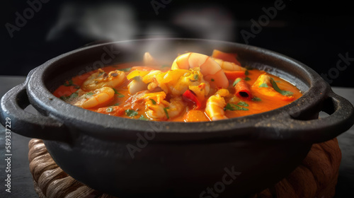 Shrimp moqueca with coconut milk prepared in clay pot. Typical dish of Brazilian food in Bahia. photo