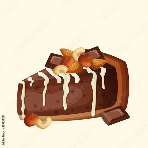 Chocolate brown cheesecake with white cream, nuts and chocolate pieces. Cute cartoon nut cake with cocoa flavor. Illustration for confectioner or pastry shop