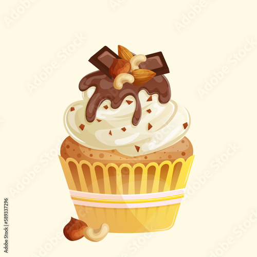 Chocolate cupcake with white cream, sprinkles, chocolate topping, nuts and chocolate pieces. Cute cartoon nut muffin with chocolate flavor. Illustration for confectioner or pastry shop