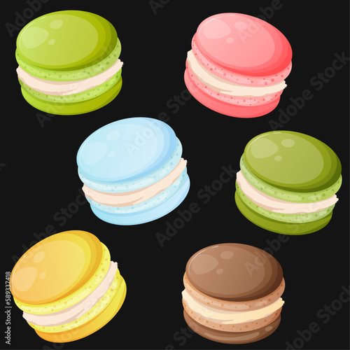 Set of cute cartoon macaroon with different flavors on a black background. Chocolate, citrus, blueberry, pistachio, apple macaroon. Illustration for confectioner or pastry shop