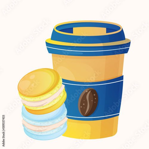 Ukraine color paper cup of coffee with coffee bean illustration and two macaron. Poster for coffee house. Cute cartton coffee illustration for confectioner or pastry shop with dessert