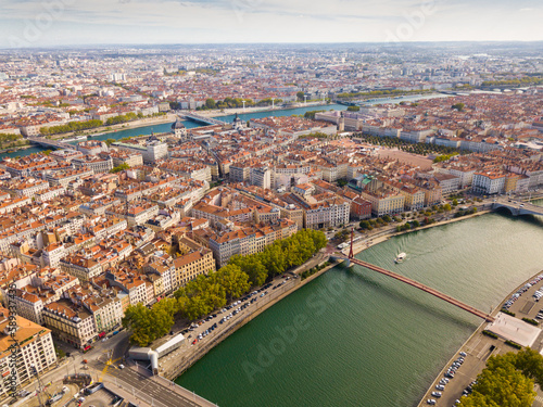 Panoramic view from drone of cityscape of Lyon in autumn day, France..