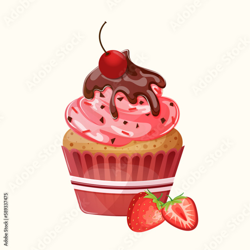 Strawberry cupcake with pink cream, sprinkles, chocolate topping, cherries and strawberries. Cute cartoon chocolate strawberry muffin. Illustration for confectioner or pastry shop