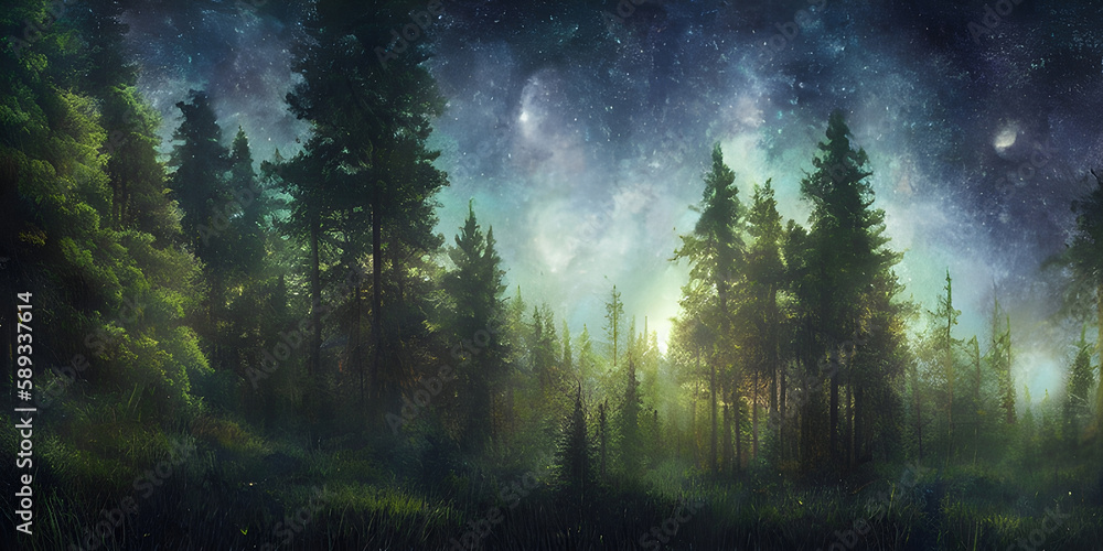 Generative AI - Experience the Mystical Beauty of a Starry Night Forest with Full Moon and Milky Way - A Magical and Enchanting Illustration Generative AI - Experience the Mystical Beauty of a Starry Night Forest with Full Moon and Milky Way - A Magical and Enchanting Illustration