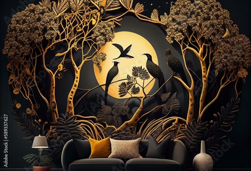 3d modern art mural wallpaper with black Jungle , forest
 background . golden tree ,  marble mountain , moon with golden birds . canvas Suitable for use as a frame on walls . Generative AI