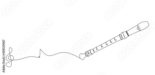 Recorder musical instrument with notes, Continuous one line drawing on white background. Vector illustration 