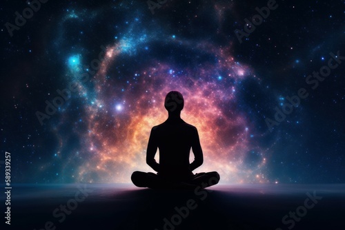 Silhouette of men in Lotus position on the abstract positive energy background . AI generated, human enhanced. © top images
