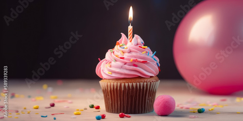 Birthday Cupcake With Candle And Pink Decoration. AI generated  human enhanced.